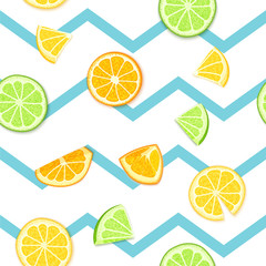 Ripe juicy tropical fruit striped seamless background. Vector card illustration. Fresh citrus lime orange lemon fruit on blue lines. Seamless pattern for packaging design healthy food juce detox diet