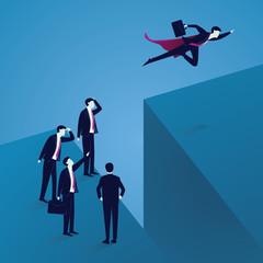 Business Challenge Concept. Super Businessman Flying Over Gap