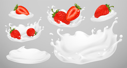 Different 3d realistic vectors illustration of flavor, yogurt, milk, white yogurt splash and strawberry.