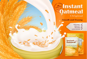 Oatmeal ad, milk, 3d vector illustration.