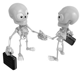 3D Skeleton Mascot shake hands with each other. 3D Skull Character Design Series.