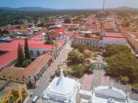 Aerial view of central square of Leon city