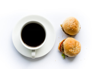 Coffee with burgers isolated on white background