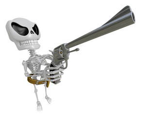 3D Skeleton Mascot cowboys is holding a revolver gun pose. 3D Skull Character Design Series.
