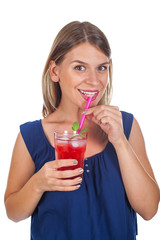 Woman holding a raspberry juice - isolated