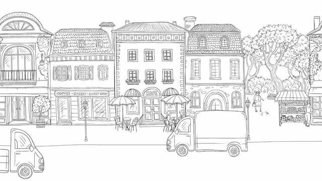 Animation urban street in historic European city. On the road going cars and trucks. People walking, pigeons fly, buildings with cafes and shops. Drawn lines black and white background of town life.