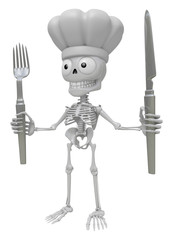 3D Skeleton Mascot hand is holding a Fork and Knife. 3D Skull Character Design Series.