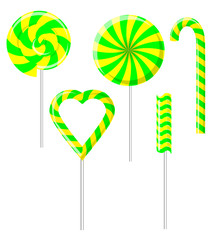 Vector illustration of different sweets. Candy cane, swirl lollipop, heart lollipop, round lollipop