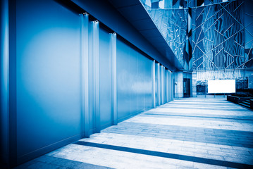 modern hallway of airport or subway station in blue tone.