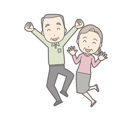 An illustration of an old couple laughing and jumping