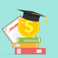 Investment in education. A gold coin with books and a graduate cap