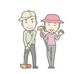 Illustration of an elderly couple playing Ground Golf