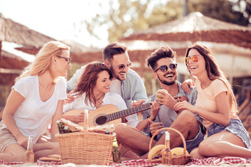 Happy friends partying on the beach