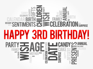 Happy 3rd birthday word cloud collage concept