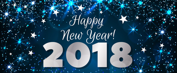 Happy New Year 2018 greeting horizontal banner. Festive illustration with colorful confetti, party popper and sparkles. Vector - obrazy, fototapety, plakaty