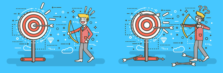 Vector illustration businessman hits target unsuccessful and successful shot from bow right wrong solution business failure or excellent marketing unlucky idea win loss start-up line art style