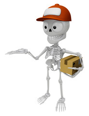 3D Skeleton Mascot is Kindly courier holding the box. 3D Skull Character Design Series.