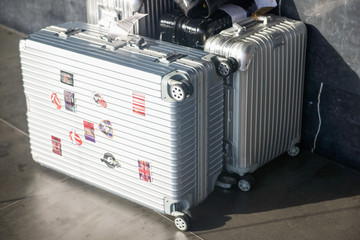 Fototapeta premium Aluminium luggage is placed on the floor