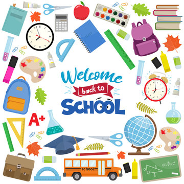Set of different school supplies. First day of school, Back to school flat icons. Vector