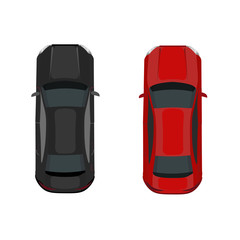 Two cars. Black and red. View from above. Volumetric drawing without a mesh and a gradient. Isolated on white background. illustration.