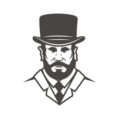 Gentleman head isolated on white background. Design element for label, brand mark, sign, poster. Vector illustration
