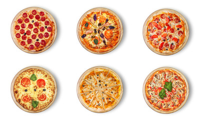 Fototapeta na wymiar Six different pizza set for menu. Meat pizzas with 1)Pepperoni 2)Pizza with bacon 3) pepperoni 4)Margarita 5) BBQ chicken pizza with olives 6) With seafood