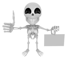 3D Skeleton Mascot the left hand best gesture and right hand is holding a business cards. 3D Skull Character Design Series.