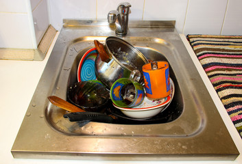 Dirty dishes in the sink, in the kitchen