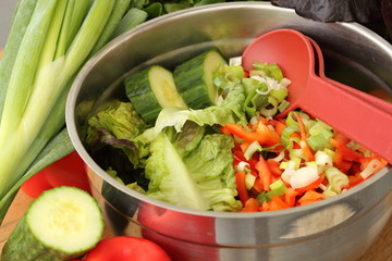 Bunter Salat in Edelstahlschüssel