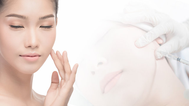 Composite image of Asian woman receiving cosmetic injection
