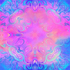 Fototapeta na wymiar Kaleidoscopic Mandala inspired pattern. Beautiful vintage illustration. Psychedelic neon composition. Indian, Buddhism, Spiritual Tattoo, yoga, spirituality. poster design.