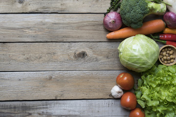 Fresh farmers market fruit and vegetable from above with copy space, healthy food concept