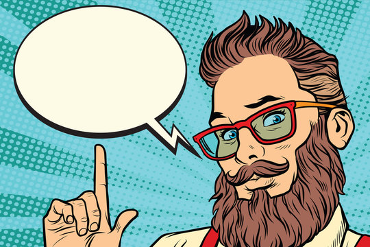 Bearded hipster man portrait pointing finger