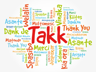 Takk (Thank You in Icelandic) Word Cloud background, all languages, multilingual for education or thanksgiving day