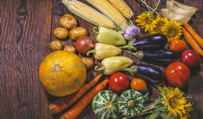 Vegetables on a wooden table. Wide angle