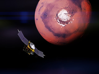 MAVEN space probe in front of the Mars north pole  © dottedyeti