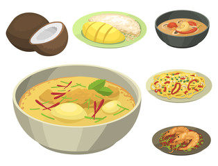 Traditional National thai food thailand asian plate cuisine seafood prawn cooking delicious vector illustration.