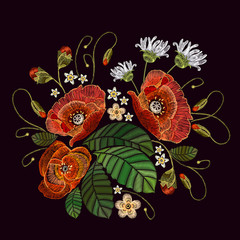 Poppies and chamomiles embroidery on black background. Elegant flowers poppy vector. Decorative floral embroidery. Fashion clothes template, textiles, t-shirt design