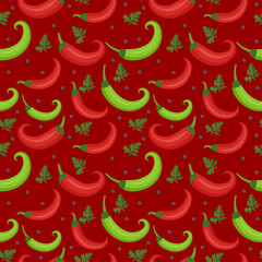 Chili peppers seamless pattern. Pepper red and green endless background, texture. Vegetable background. Vector illustration