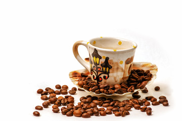 Grain coffee and a cup on a white background