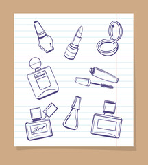 Popular cosmetics sketch vector icons. Hand drawn lipstick, nail polish and perfume bottles on notebook page background