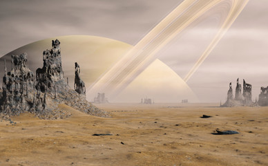 Fototapeta premium landscape on Titan, the largest moon of Saturn with strange rock formations in a desert
