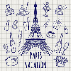 Paris or France symbols sketch on notebook background, vector illustration © vectortatu