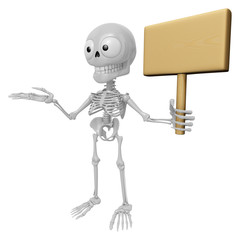 3D Skeleton Mascot the right hand guides and the left hands are holding a picket. 3D Skull Character Design Series.