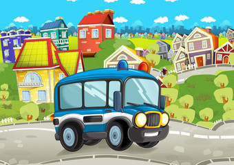 cartoon funny looking cartoon police bus driving through the city - illustration for children