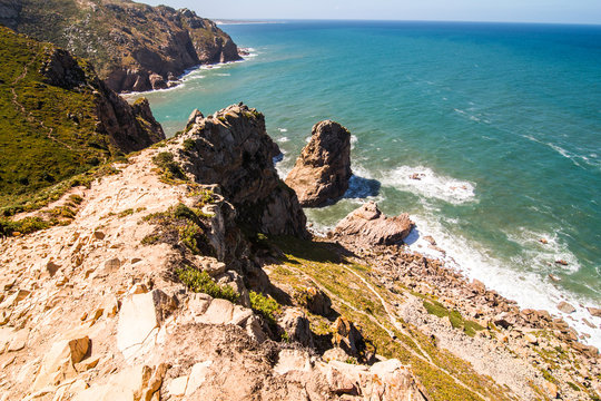 Cape Roca Cabo da Roca in Portugal. Atlantic ocean coast view in sunny weather in summer