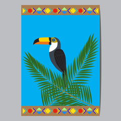 Bright summer illustration with the African birds and tropical plants. Postcard with African tribal pattern