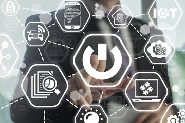Power Button Information Technology Smart City concept. Man presses power button on virtual...