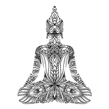 Sitting Buddha silhouette. Vintage decorative vector illustration isolated on white. Mehenidi ornate decorative style. Yoga studio, Indian.