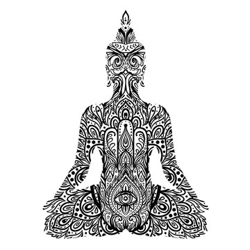 Sitting Buddha silhouette. Vintage decorative vector illustration isolated on white. Mehenidi ornate decorative style. Yoga studio, Indian.